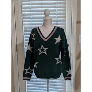 Hem & Thread Women's Green Sweater With White Stars Medium